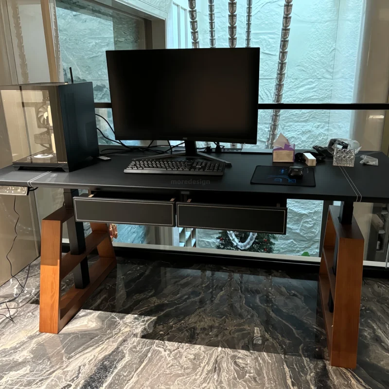 

Luxury Dual Motor Ergonomic Smart Quiet Lifting Height Adjustable Walnut Wood Executive Use Home Office Computer Gaming Desk