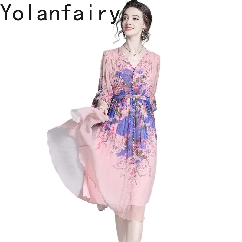 

YOLANFAIRY 100% натуральное шелковое платье из тутового шелкопряда, лето 2026, женская одежда, модное пляжное платье с принтом, элегантные длинные платья-робы для женщин