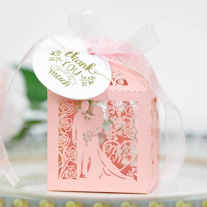 25/50pcs Candy Packaging Boxes for Wedding Valentine\'s Day Bride Groom Gift Box with Ribbons Thank You Tag Party Decor Wholesale