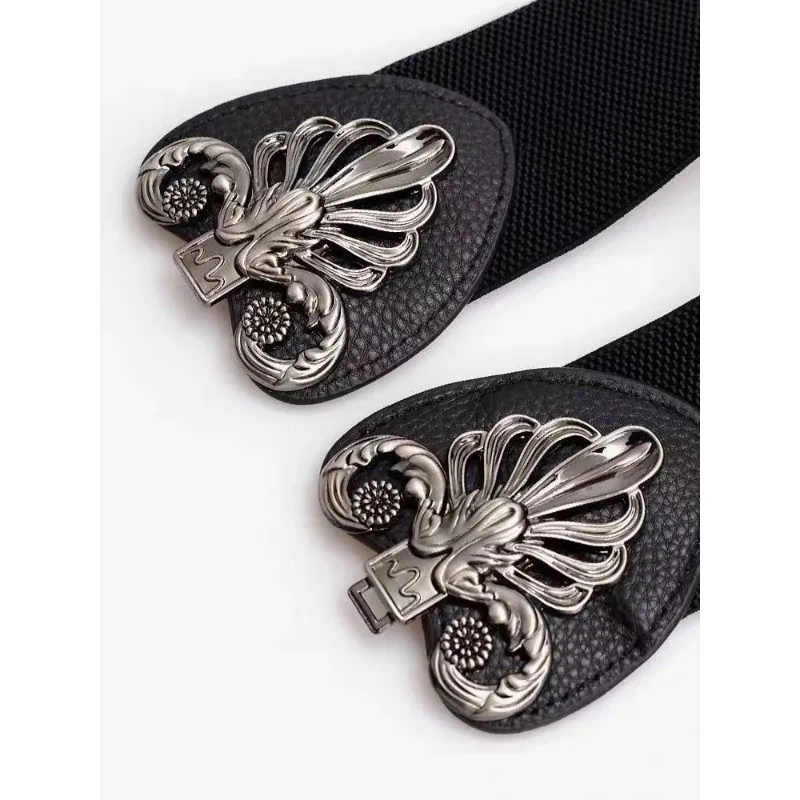 New High-end Retro Black Alloy Hook Buckle Slim Waist Elastic Waistband Wide Waistband