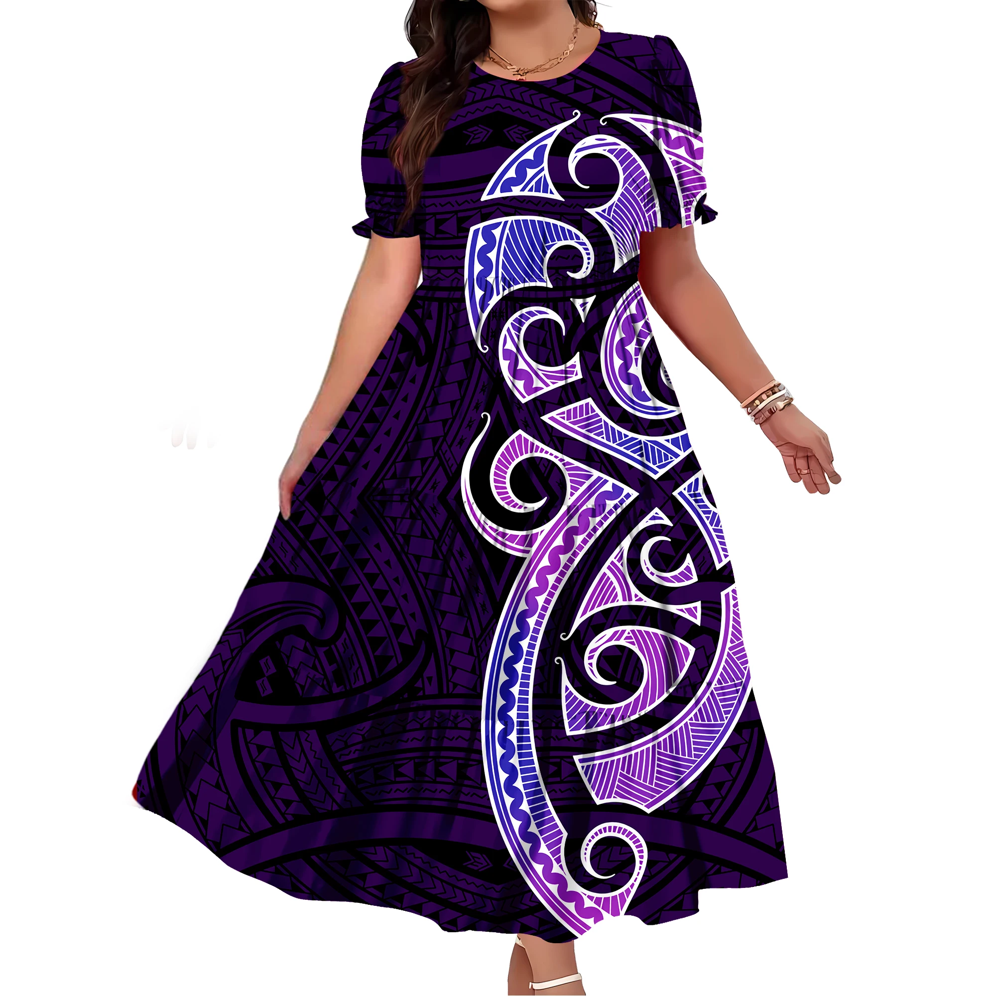 Nuevo vestido largo informal de cintura alta con mangas abullonadas y cuello redondo para mujer de verano con estampado Floral polinesio