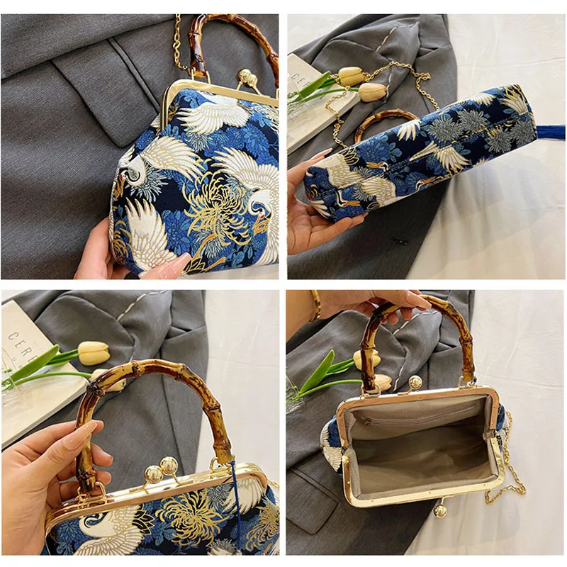 2024 New Chinese Retro Crane Folding Fan Printed Tassel Bamboo Hand  bag Shoulder Bag Crossbody Bag