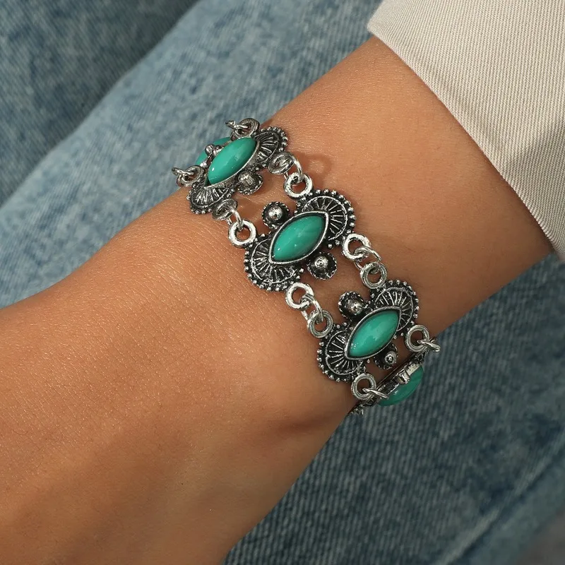 Fashion Ethnic Bohemian Bracelets & Bangles for Women Blue Stone Vintage Beach Boho Flower Oval Adjustable Bracelets Jewelry