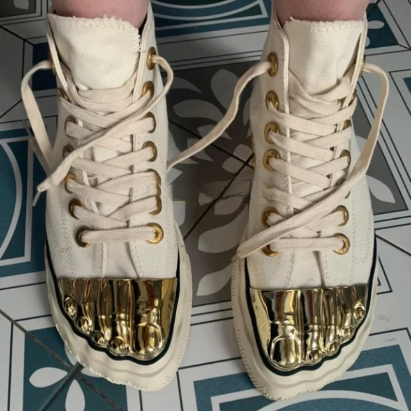 New Fashionable And Personalized Golden-Toe Board Shoes For Men And Women Hip-Hop Performance Shoes Lace-Up Flat Canvas Shoes