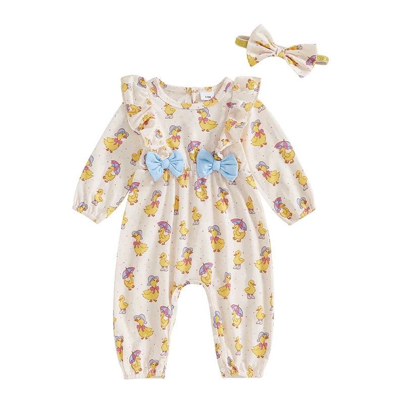 Baby Girl 2Pcs Easter Outfits Long Sleeve Round Neck Bunny/Duck Print Jumpsuit with Headband Set Newborn Clothes