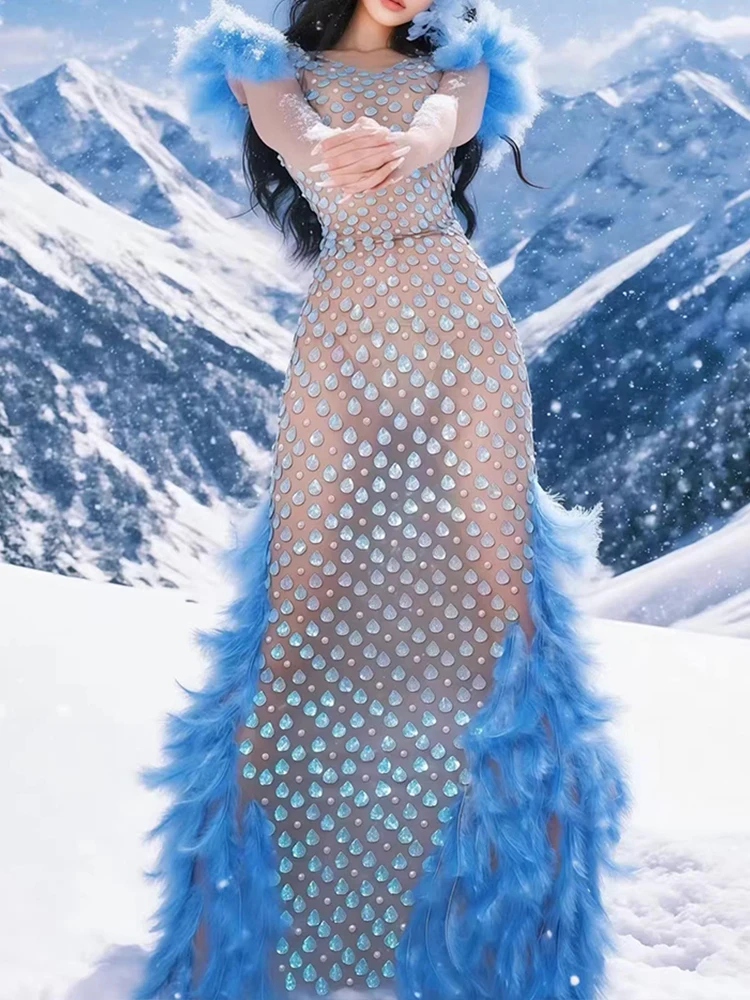 High Quality Rhinestone Shell Sequin Sexy Elastic Feather Splicing Dress 2026 New Fashionable Custom Women'S Clothing