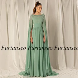 Luxury Mint Chiffon Prom Dress Scoop Neck Long Sleeve Cape Stones Crystal Pleat A Line Formal Party Gown Evening Dresses