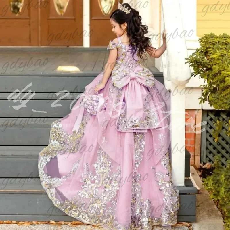 Luxury Flower Girl Dress,Off Shoulder Gold Embroidered Sequin Tulle Princess Gown,Big Bow Lace Up Back Long Train Pageant Skirts