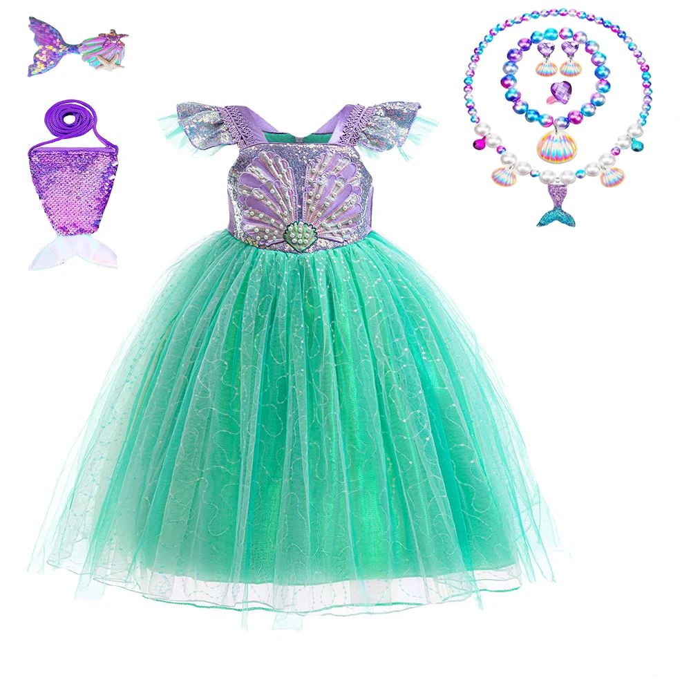 Little Mermaid Cosplay Dress For Girls Tutu Princess Beading Gown Kids Birthday Party Dresses Children Carnival Pageant Costumes