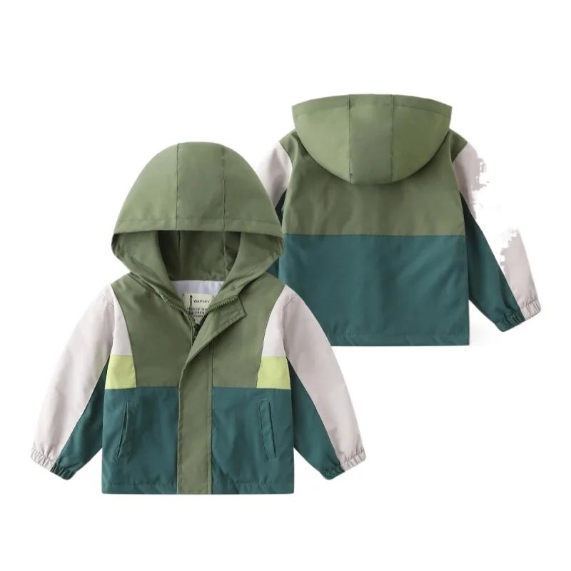 2024 Spring Autumn Boys' Loose-Fit Patchwork Color-Blocked Zip-Up Jacket, Casual Thickened Hooded Windbreaker for Kids, Ages 2-7