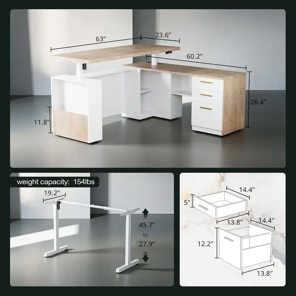 

Special Offerurniture Set, 63" Standing Desk With 73" Bookcase, L Shaped Electric Stand Up Desk With Bookshel, Home Oice Urnitur