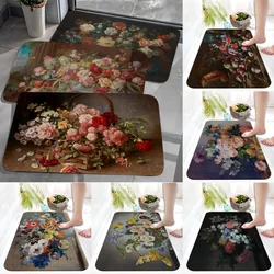 Vintage Flower Oil Painting Bathroom Door Mat for Home Toilet Decor Non-Slip Waterproof Carpet Kitchen Entrance Diatom Mud Rug