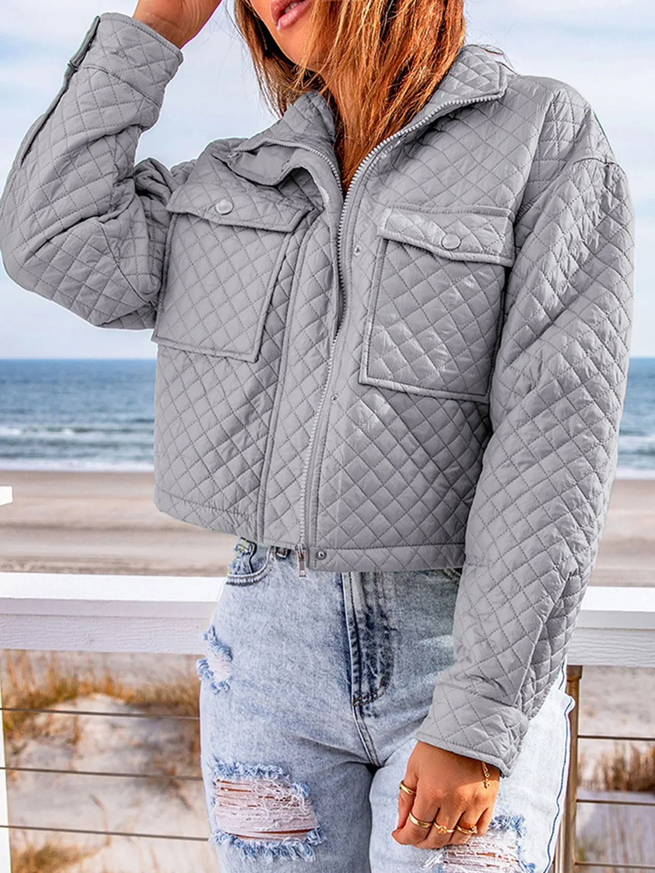 

Women's Quilted Jacket Long Sleeve Lapel Zipper Autumn Winter Daily Plain Jacket with Pockets for Women