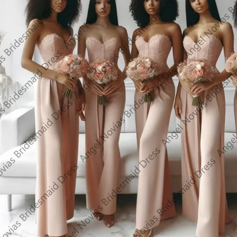 Customized Long Elegant Pink Jumpsuit Bridesmaid Dresses Strapless Wedding Party Maid Of Honor Dress Robes Invitee Mariage