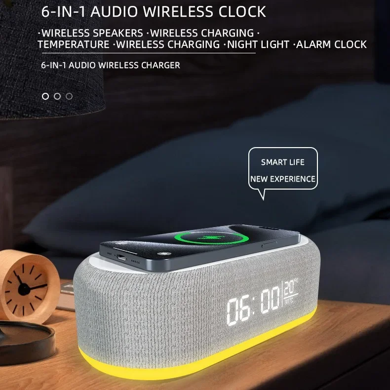 Wireless Charger Pad Bluetooth Speaker Alarm Clock LED Light Thermometer Earphone Phone Fast Charging Station for iPhone Samsung