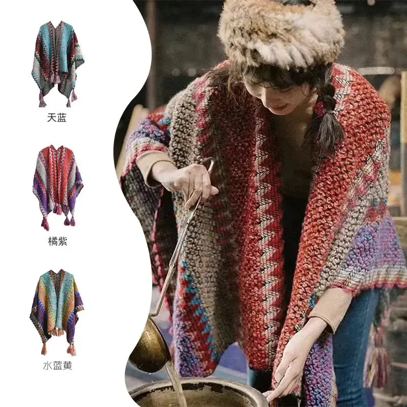 Vintage Harajuku Knitted Blanket Shawls Scarfs Women\'s Warm Shawl Wraps Fringe Cape Winter Cardigan Sweaters Open Front Ponchos