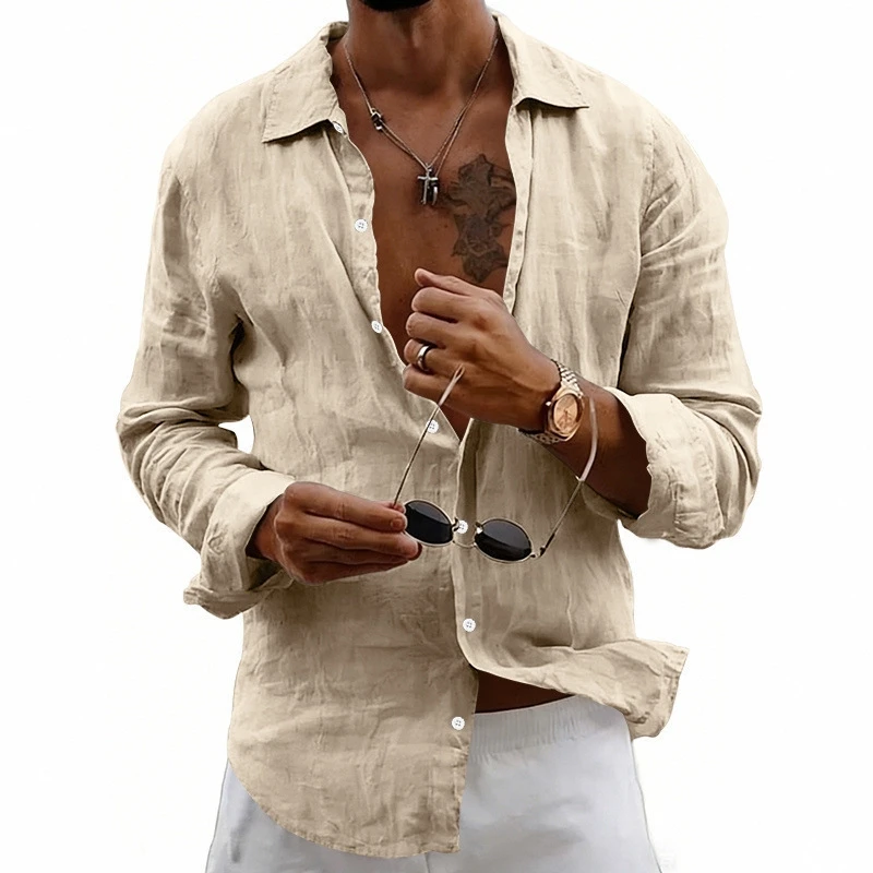 Men Linen Shirt Long Sleeve Lapel Collar Loose Fit Button Down Spring New Casual Shirts Breathable Male Daily Beach Wear Tops