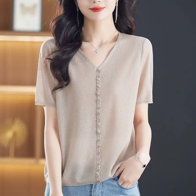 

Women's Summer Style Blouses Shirt Simulation Loose Top Short Knitted Button short Sleeve Solid Color Patchwork Tops Z71