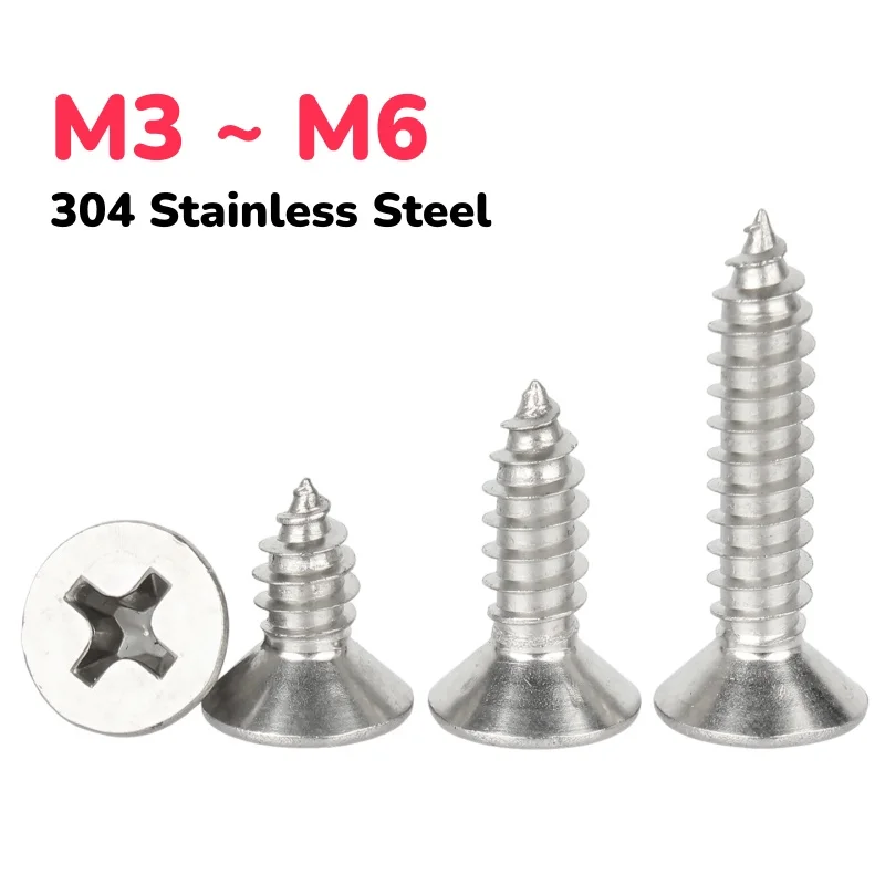 M3 M3.5 M4 M5 M6 304 Stainless Steel 500-hour salt spray passivation Cross Recessed Countersunk Flat Head Tapping Screws