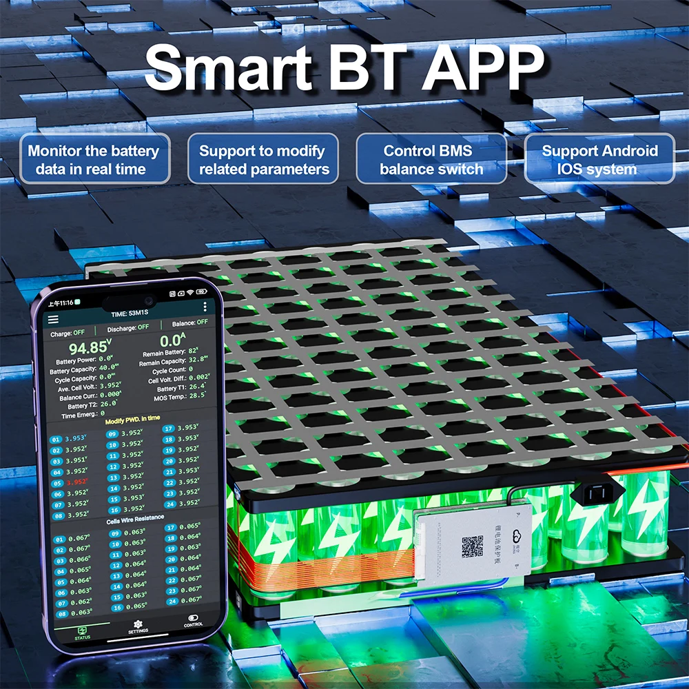 JKBMS Lifepo4 Li-ion Lto Battery Pack 7S-24S 100A-200A Balance Current Smart Active Balance Bms BT  RS485 CAN