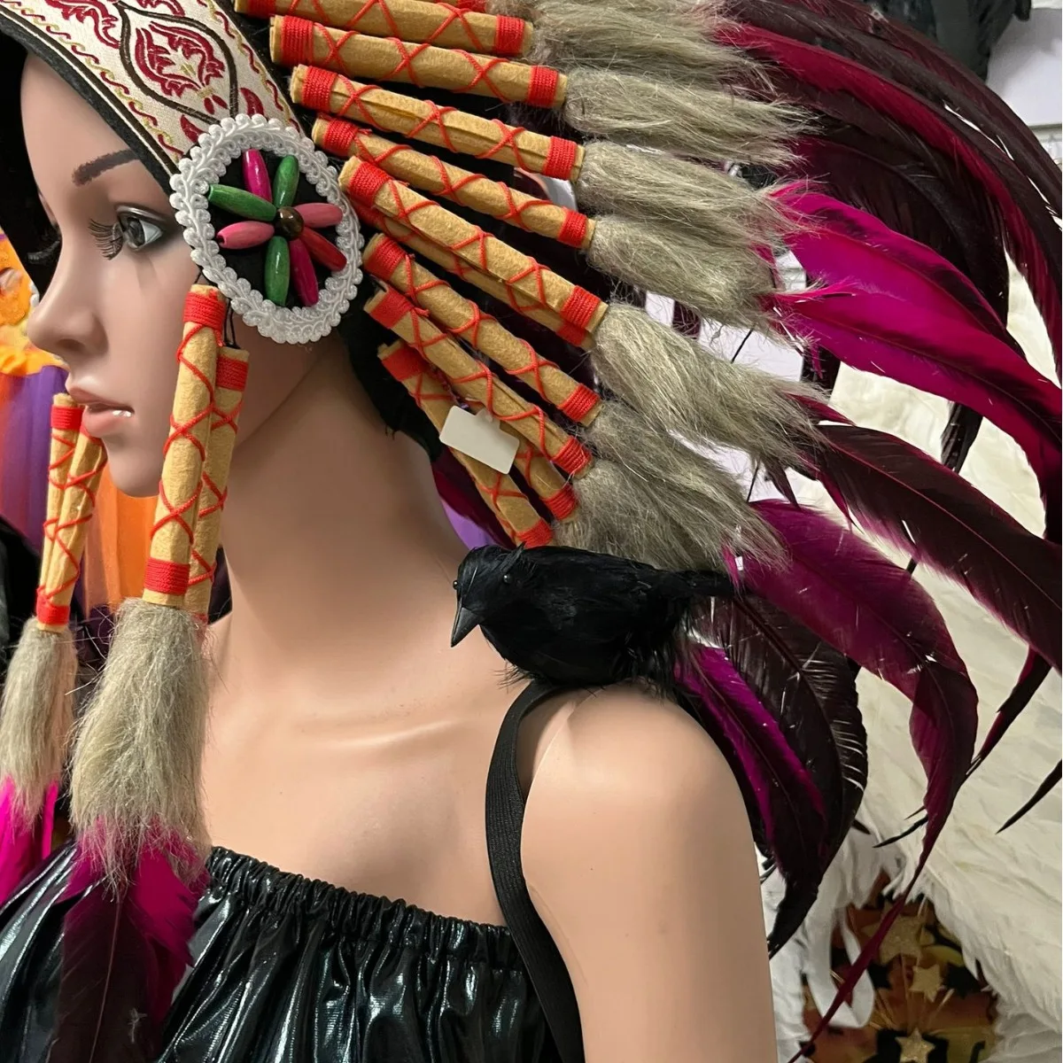 Accessorio per capelli corvo nero con piume creative in stile foresta esagerata di Halloween per costume da festa spettrale