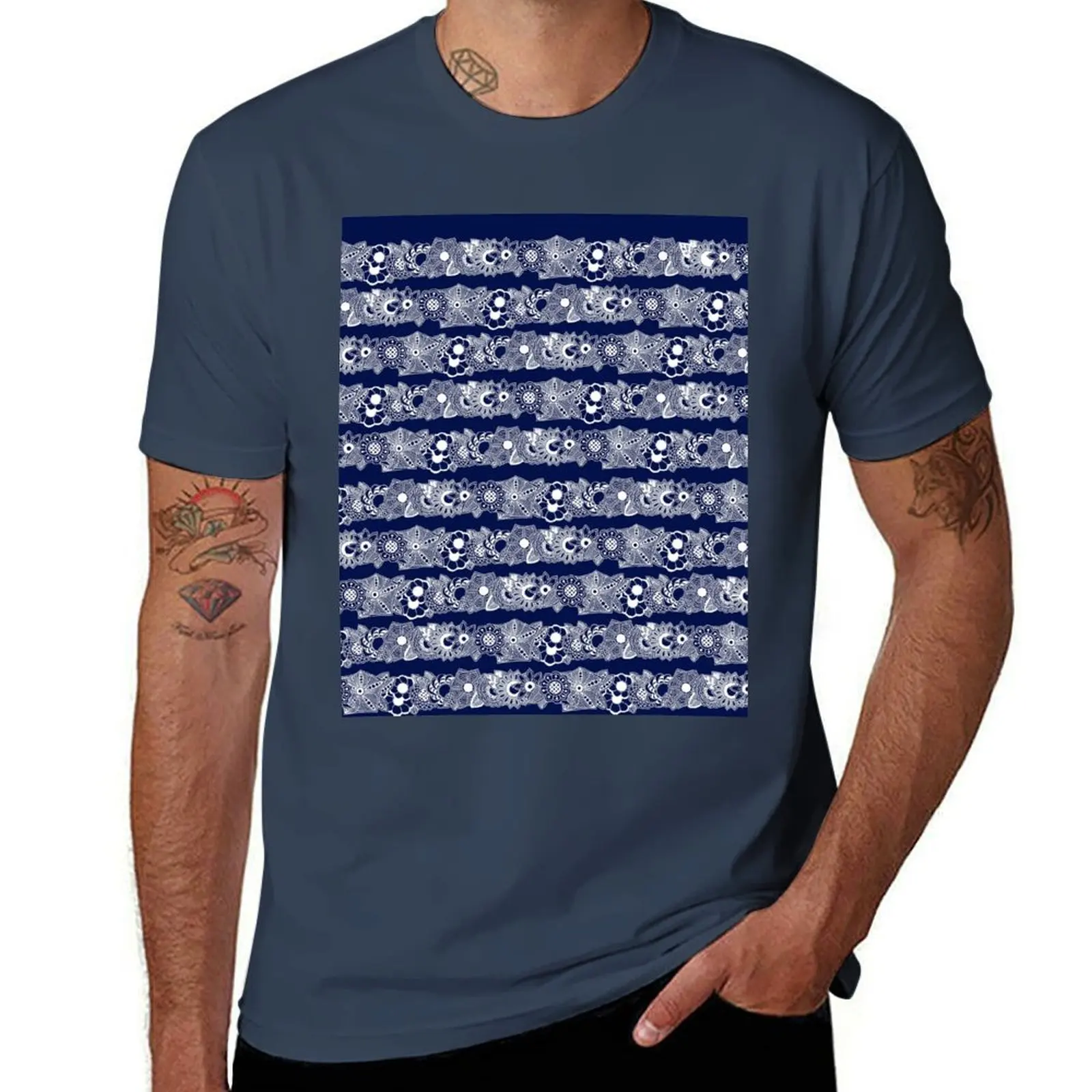 

Floral Twist on the Classic Nautical Stripe - White on Navy Blue T-Shirt man t shirt graphic man t shirt designer T-Shirt