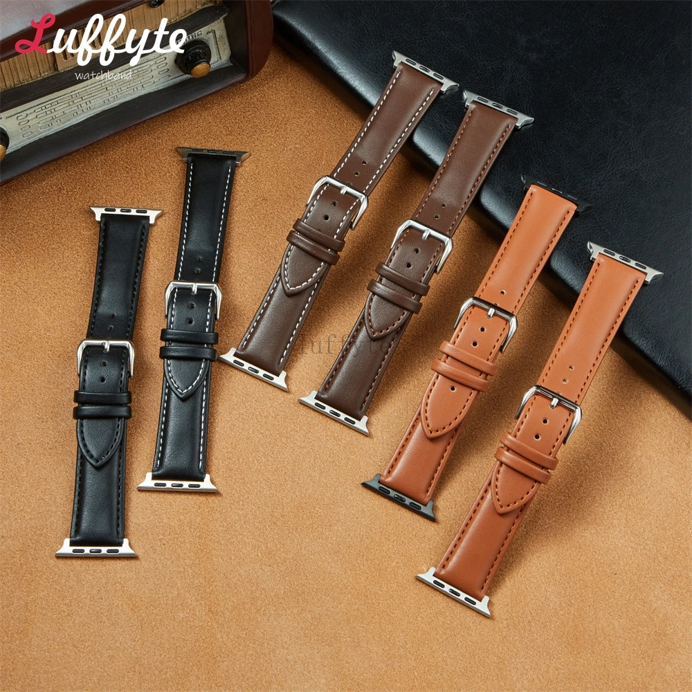 Ремешок кожаный для Apple Watch 9 8 Ultra 7 6 5 4 3 SE, повседневный браслет для iwatch 38 40 41 мм 42 44 45 49 мм