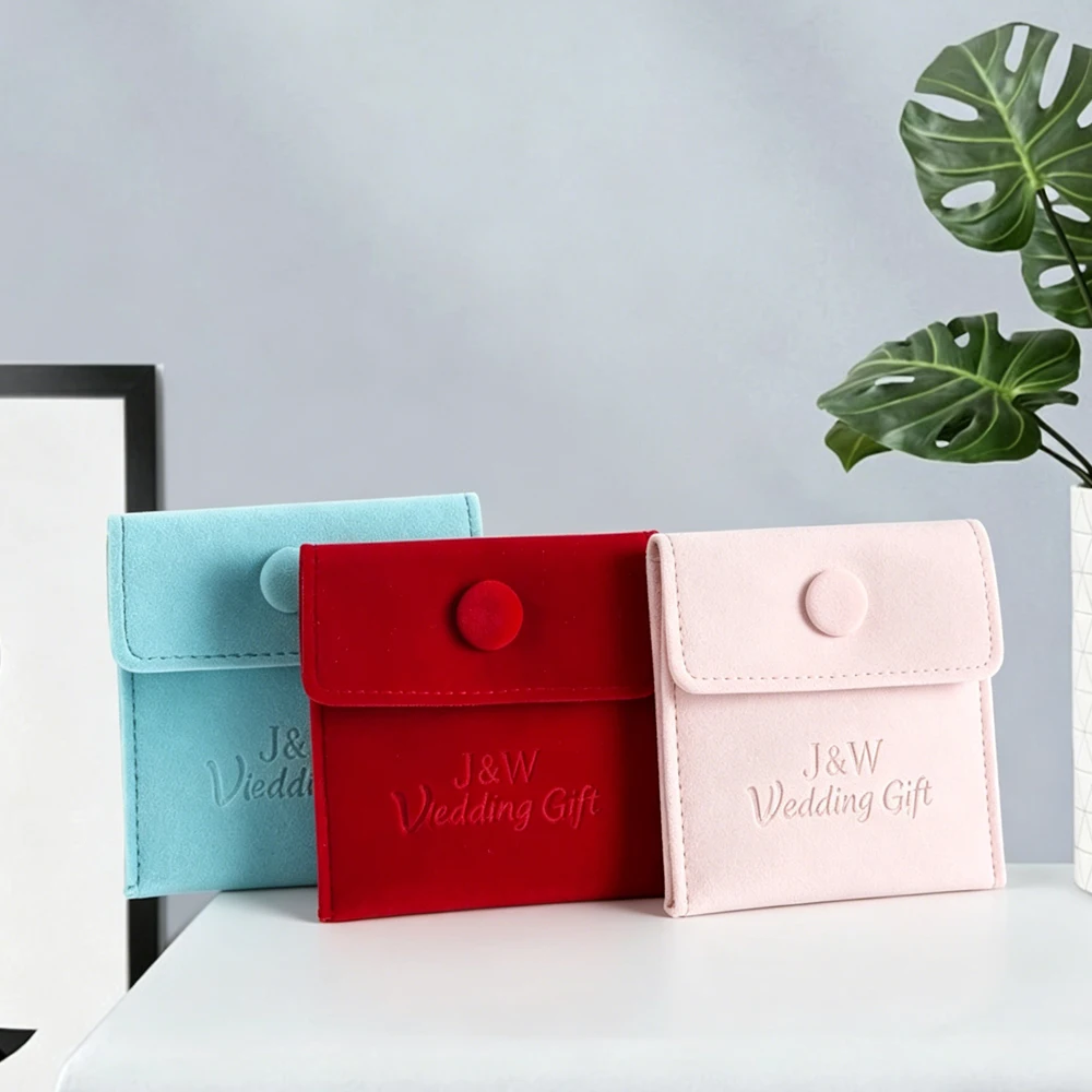 

100Pack Custom Logo 7x7cm Velvet Jewelry Pouch Bag Snap Button Pouches Bracelet Earring Rings Packaging Organizer Sack