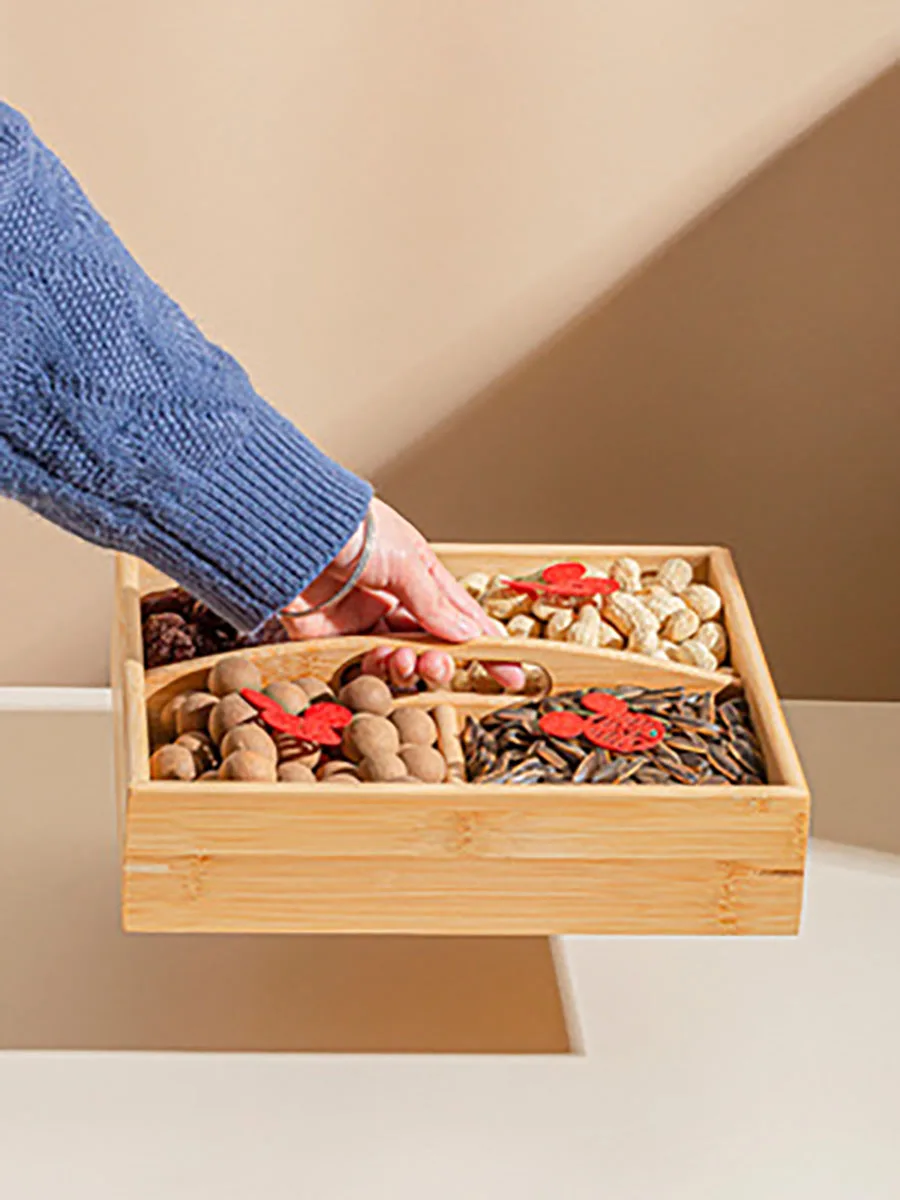 Bamboo Nut and Candy Serving Tray, Party Appetizer Platter, Veggie Dish, Candy Bowl for Chinese Red Wedding Party Supply Gifts