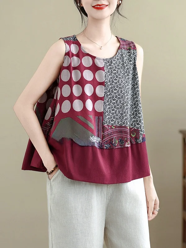 Loose Casual Geometric Polka Dot Print Patchwork A-Line Svel Small Vest Large Size Women's Clothing Summer Cotton Linen