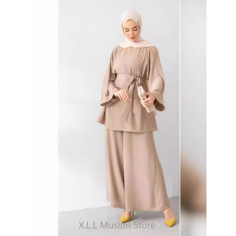 Eid Ramadan Turkey Dubai Kaftan Islam Clothing Muslim Top+Bottom For Women Modest Fashion Casual Set Ensemble Femme Musulmane