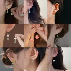 Lovely Small Jade Bead Earrings for Girls Women Retro Chinese Fashion Cute Jewelry Pink Color Creative Gift Hanfu Accessories