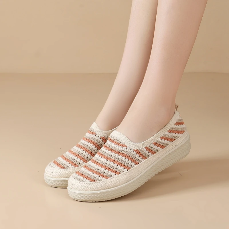 Striped Crochet Knit Slip On Wedge Mom Shoes Women Breathable Non Slip Soft EVA Insole Low Heel Daily Walking Casual Loafers