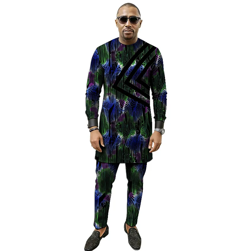 Original Design Nigerian Print Men's Pant Set Patchwork Shirt Patch Elastic Waist Pants African Couture Party Wear Tailored