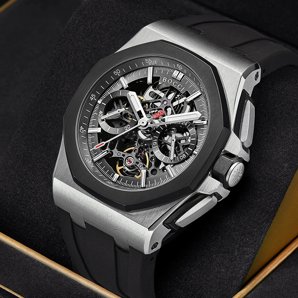 

BOCCI Мужские роскошные автоматические часы со скелетом - водонепроницаемые механические наручные часы из натуральной нержавеющей стали