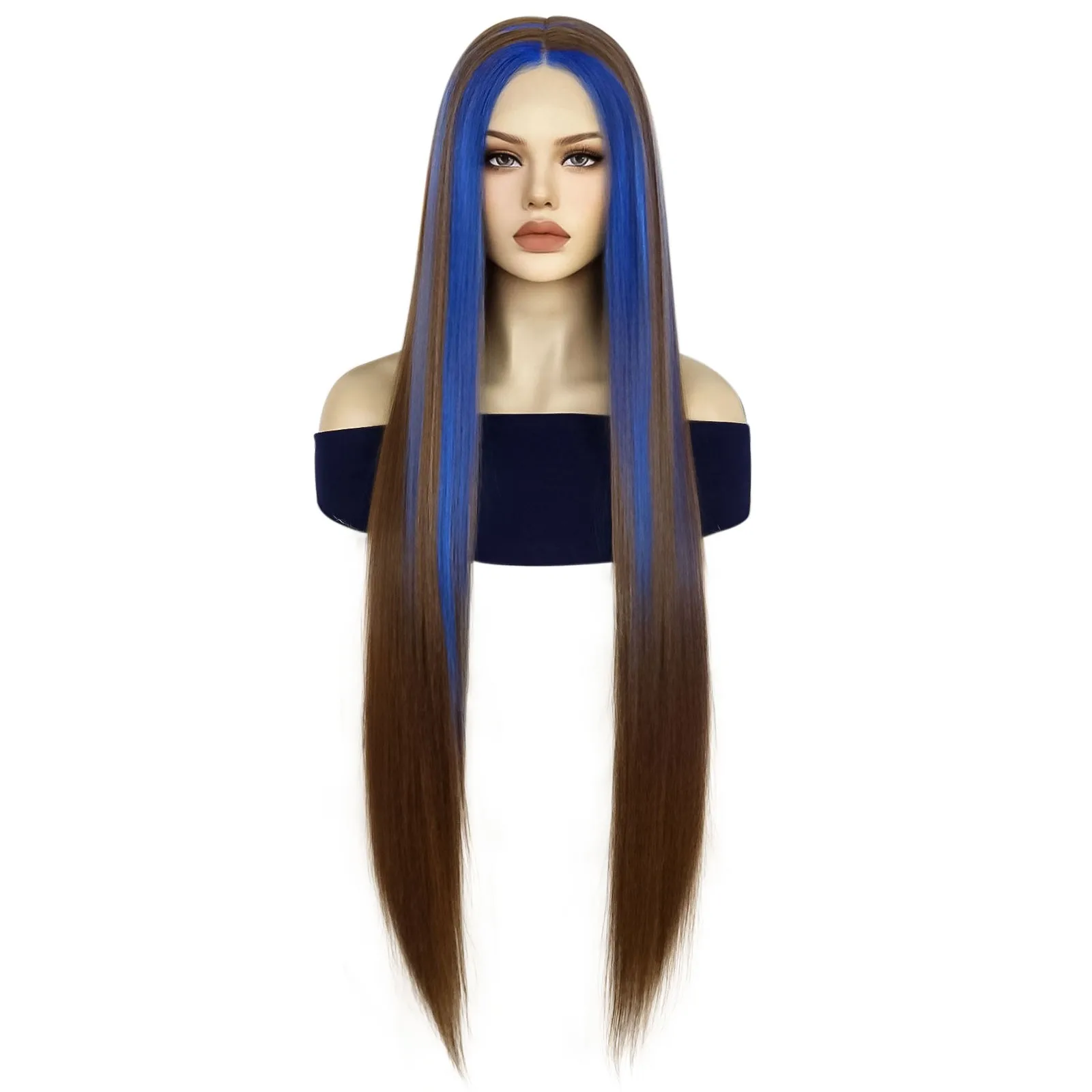 

13*5*1 T-Part Highlights Royal Blue Skunk Stripe Wig Silky Straight Brown with Royal Blue Streak 40 inch Extra Long Synthetic