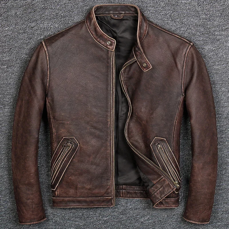 Shop.7XL Brand casual style cowhide jacket,mens 100% genuine leather clothes.vintage biker coat.Casaco de couro