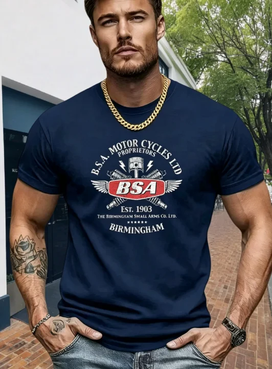 2026Men's Short Sleeved T-shirt, BSA Motorcycle Retro Mechanical Theme, Motorcycle Enthusiast Daily Wear&circle Social Scene Top