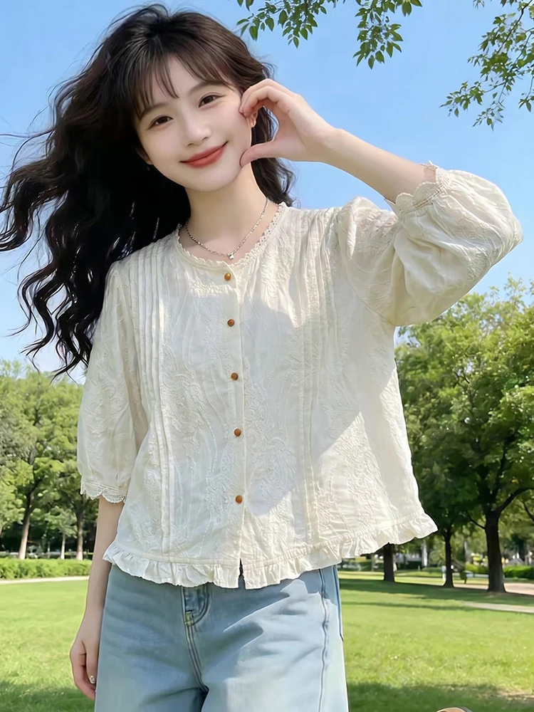 Korean Style Lace Short Sleeve Shirt Cream Color Gentle Slimming Summer Beautiful Women's T-shirt round Neck Regular Length