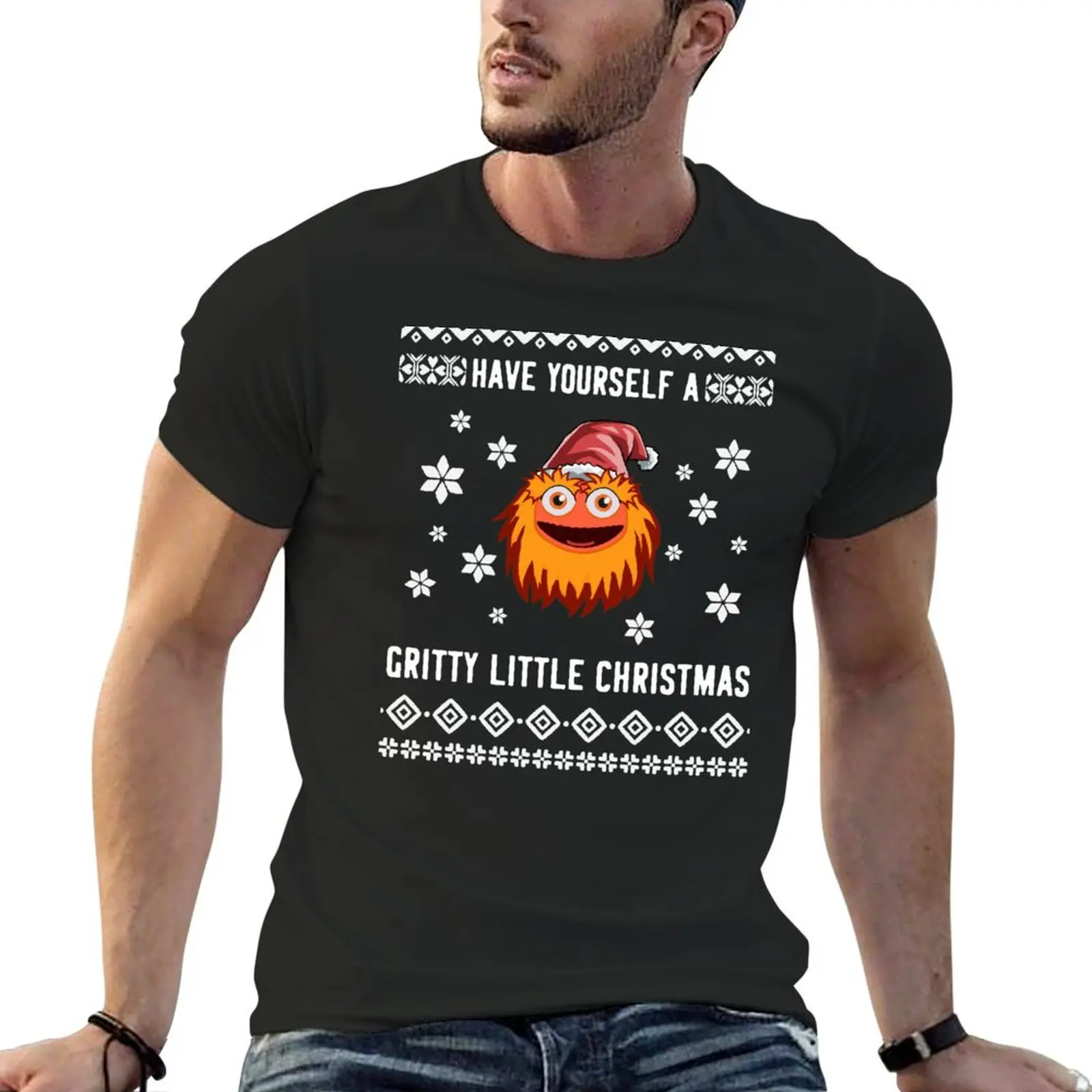 Gritty Christmas Mascot Ugly Christmas Sweater Flyers Hockey T-Shirt quick drying summer clothes mens graphic t-shirts funny