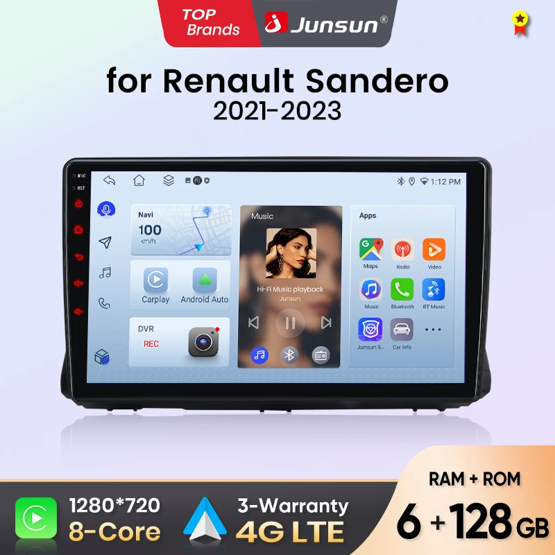 Autoradio Junsun pour Renault Sandero 2021 2022 2023 CarPlay Android Auto FM RDS DSP BT GPS Navi SWC Écran tactile HD IPS Plug & Play Lecteur multimédia Appel mains libres Style d'origine de l'unité centrale de la voiture