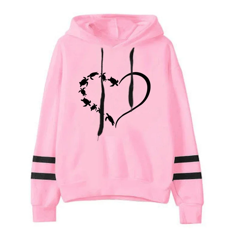 ハートタートルプリントかわいいスウェット秋暖かいトップスファッションパーカー女性のための高品質フード付き長袖プルオーバー