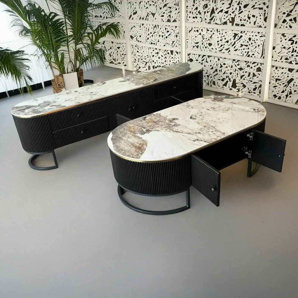 Moderne Wohnzimmermöbel, Steinplatte, schwarz, modischer Couchtisch, Aufbewahrungs-TV-Schrank aus Holz mit goldenem Edelstahl