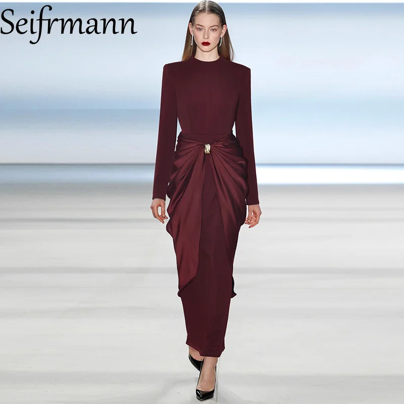 Seifrmann 2026 春の女性の新しいファッショナブルなラウンドネック長袖折り畳まれた気質ウエストバッグヒップドレス