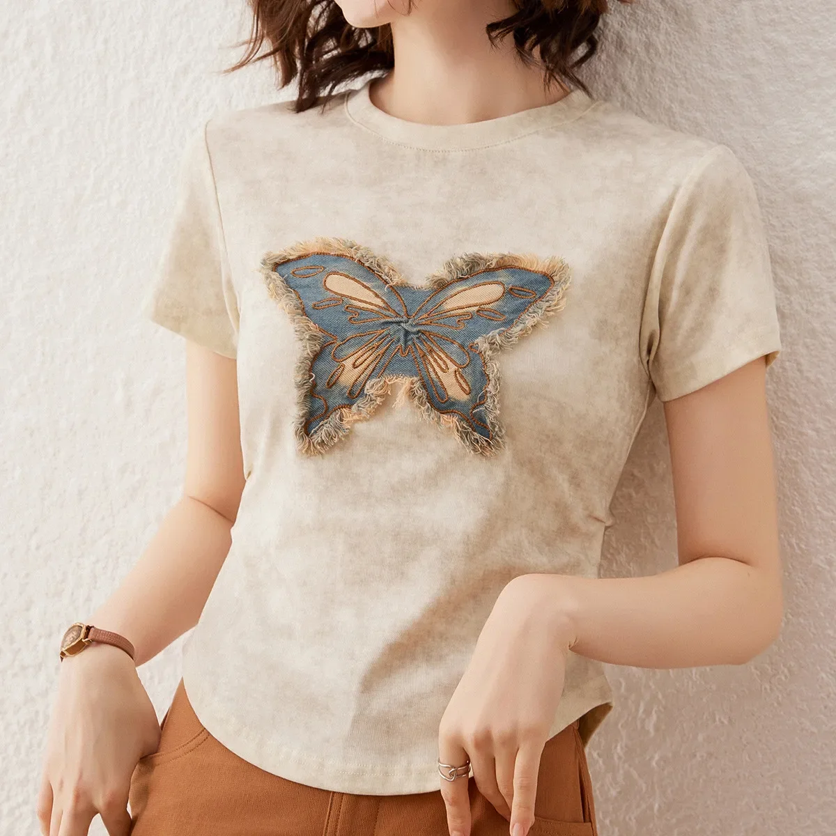 LOUIS YAO Women Tee Fashion Butterfly Washed Embroidery Summer T-shirt 2024 Casual O Neck Short Sleeve Slim Fit Pullover Top