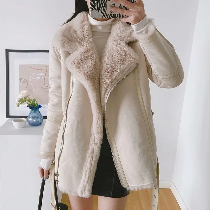 Women European and American Style Plus Velvet Double-sided Coats New Fur Lamb Hair Solid Patchwork Zipper Design Casual Jackets