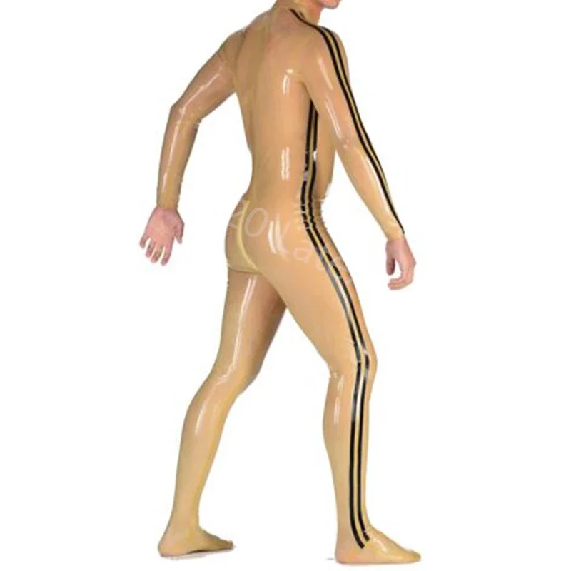 

Men's Transparent and Black Strips Latex Rubber Catsuit Front Through Crotch Zip Attached Socks