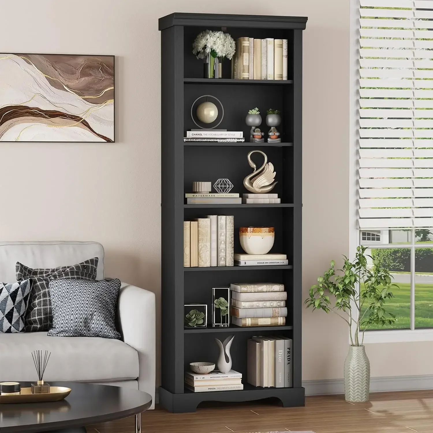 6-Tier Bookshelf, 73 inch Tall Bookcase with 2 Adjustable Shelves, Book Shelf with Anti-Tipping Device
