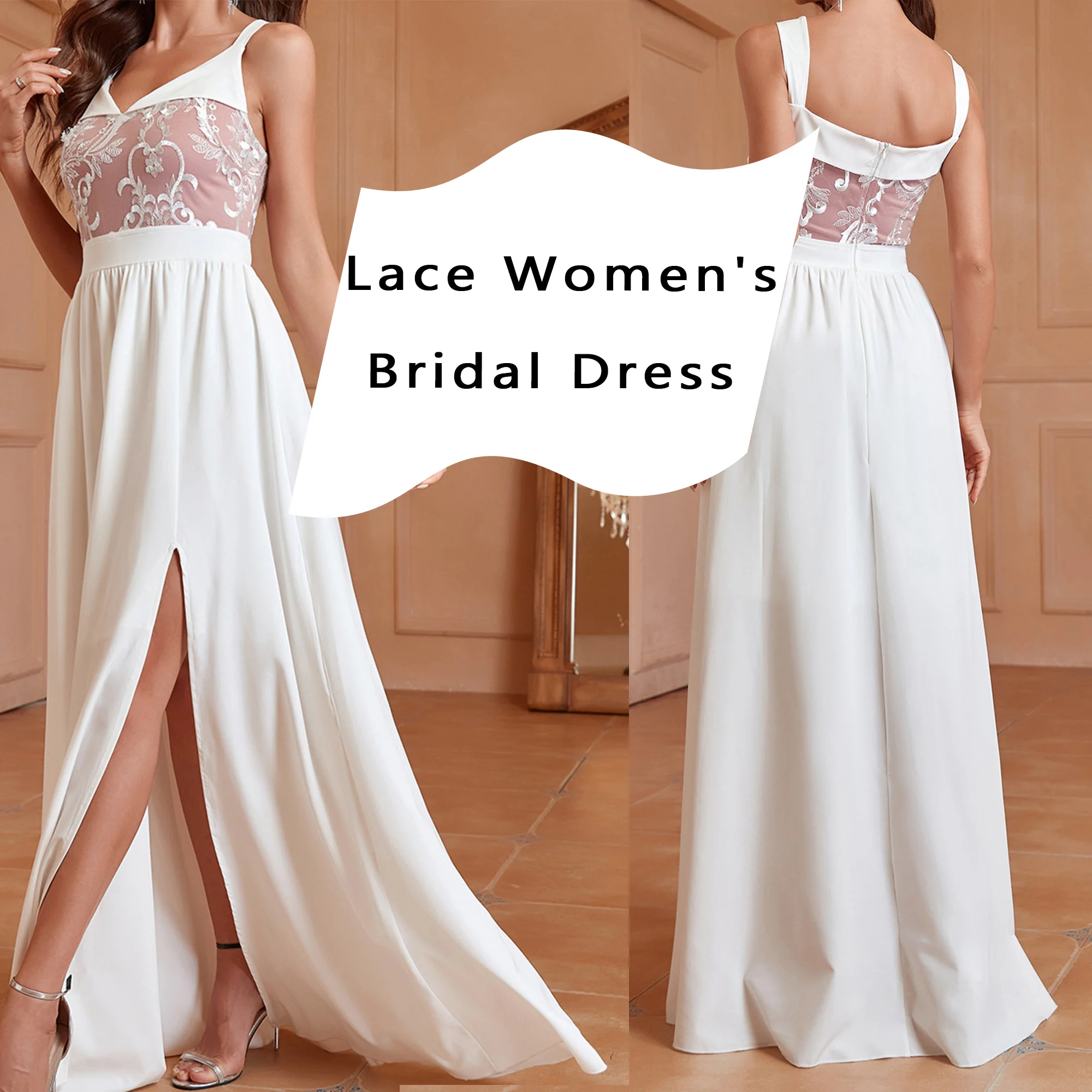 Women's V-neck lace wedding dress sleeveless off shoulder wedding dress, bridal gown side slit split wedding dress 2024