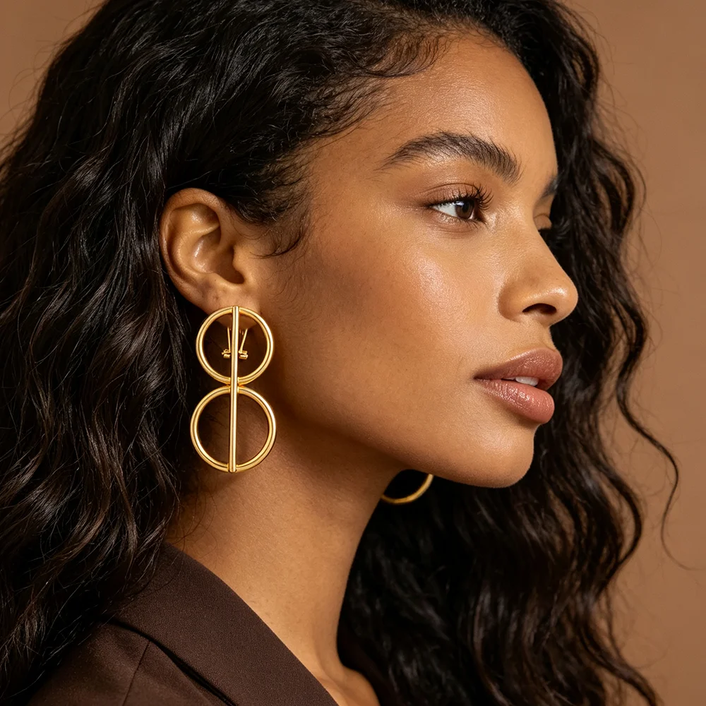Goldfarbene Doppelkreis-Geometrische Clip-On-Ohrringe, Statement-Ohrclips, Modischer Alltagsschmuck, Geschenk – Detail 6